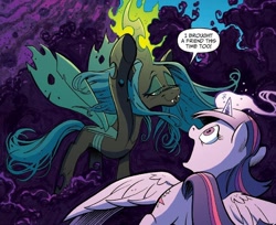 Size: 848x692 | Tagged: safe, artist:andypriceart, idw, official comic, character:queen chrysalis, character:twilight sparkle, character:twilight sparkle (alicorn), species:alicorn, species:changeling, species:pony, changeling queen, comic panel, cropped, duo, female, implied king sombra, magic, magic aura, mare, raised hoof, siege of the crystal empire, smug, spread wings, wings
