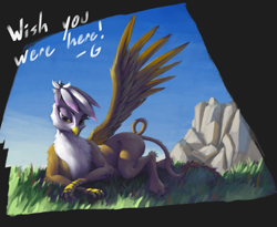 Size: 1239x1016 | Tagged: safe, artist:eqlipse, character:gilda, species:griffon, bedroom eyes, female, grass, looking at you, painterly, prone, sky, solo, spread wings, wings