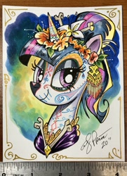 Size: 1482x2048 | Tagged: safe, artist:andypriceart, character:twilight sparkle, character:twilight sparkle (alicorn), species:alicorn, species:pony, dia de los muertos, flower, flower in hair, lidded eyes, photo, ruler, solo, traditional art, tribute