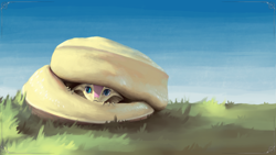 Size: 3840x2160 | Tagged: safe, artist:eqlipse, character:fluttershy, species:anthro, :c, curled up, cute, female, fluttersnake, frown, grass, hiding, looking at you, painterly, peeking, scared, serpent, shy, shyabetes, sky, snake, snek, solo, species swap, wallpaper, x-com