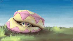 Size: 3840x2160 | Tagged: safe, alternate version, artist:eqlipse, character:fluttershy, species:anthro, :c, curled up, cute, female, fluttersnake, frown, grass, hiding, looking at you, painterly, peeking, scared, serpent, shy, shyabetes, sky, snake, snek, solo, species swap, wallpaper, x-com