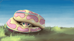 Size: 3840x2160 | Tagged: safe, alternate version, artist:eqlipse, character:fluttershy, species:anthro, :c, curled up, cute, female, fluttersnake, frown, grass, hiding, looking at you, painterly, peeking, scared, serpent, shy, shyabetes, sky, snake, snek, solo, species swap, viper, wallpaper, x-com