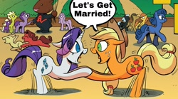 Size: 1566x868 | Tagged: safe, artist:andypriceart, edit, idw, official comic, character:applejack, character:rarity, species:earth pony, species:pegasus, species:pony, species:unicorn, ship:rarijack, friends forever, caption, comic, comic panel, female, image macro, lesbian, mare, marriage, official art, shipping, text