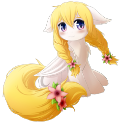 Size: 535x535 | Tagged: safe, artist:symbianl, oc, oc only, oc:lai chi, species:bat pony, species:pony, license:cc-by-nc-nd, braid, floppy ears, flower, flower in hair, simple background, sitting, solo, transparent background, twin braids