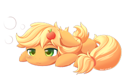 Size: 1600x1000 | Tagged: safe, artist:mochi2-arts, artist:symbianl, character:applejack, species:earth pony, species:pony, license:cc-by-nc-nd, cheek fluff, cute, cutie mark accessory, ear fluff, female, filly, filly applejack, floppy ears, hatless, jackabetes, leg fluff, lidded eyes, missing accessory, prone, simple background, sleepy, solo, transparent background, younger