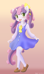Size: 900x1500 | Tagged: safe, artist:symbianl, character:sweetie belle, species:anthro, species:plantigrade anthro, species:pony, species:unicorn, license:cc-by-nc-nd, blushing, bow, cheek fluff, clothing, cute, diasweetes, dress, ear fluff, female, filly, gradient background, hair bow, kneesocks, open mouth, socks, solo, stockings, thigh highs