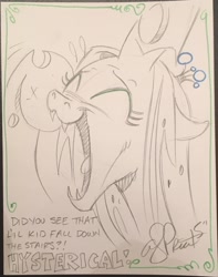 Size: 1243x1579 | Tagged: safe, artist:andypriceart, character:queen chrysalis, species:changeling, changeling queen, eyes closed, fangs, female, laughing, open mouth, pure unfiltered evil, traditional art