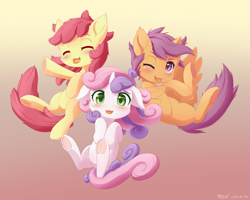 Size: 1875x1500 | Tagged: safe, artist:symbianl, character:apple bloom, character:scootaloo, character:sweetie belle, species:earth pony, species:pegasus, species:pony, species:unicorn, license:cc-by-nc-nd, :3, adorabloom, blushing, cheek fluff, chest fluff, cute, cutealoo, cutie mark crusaders, diasweetes, digital art, ear fluff, eyes closed, female, filly, floppy ears, fluffy, gradient background, happy, hoof fluff, hooves to the chest, leg fluff, looking at you, one eye closed, open mouth, smiling, trio, underhoof, wink