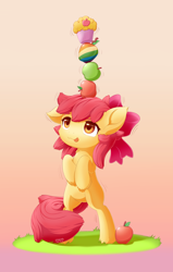 Size: 1050x1650 | Tagged: safe, artist:symbianl, character:apple bloom, species:earth pony, species:pony, license:cc-by-nc-nd, adorabloom, apple, balancing, bipedal, bow, cheek fluff, cute, ear down, ear fluff, female, filly, food, gradient background, green apple, hair bow, hooves to the chest, leg fluff, muffin, neck fluff, solo, tongue out, zap apple