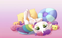 Size: 1600x1000 | Tagged: safe, artist:symbianl, character:sweetie belle, species:pony, species:unicorn, license:cc-by-nc-nd, behaving like a cat, blushing, cute, diasweetes, female, filly, floppy ears, on back, pillow, smiling, solo, upside down