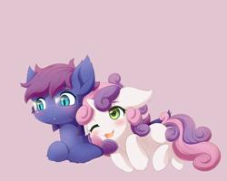 Size: 5000x4000 | Tagged: safe, artist:symbianl, character:sweetie belle, oc, oc:bitmaker, species:bat pony, species:pony, species:unicorn, license:cc-by-nc-nd, absurd resolution, blushing, canon x oc, commission, female, filly, floppy ears, glasses, pink background, prone, simple background, tongue out