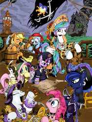 Size: 1536x2048 | Tagged: safe, artist:andypriceart, artist:splash1, edit, idw, character:angel bunny, character:applejack, character:fluttershy, character:philomena, character:pinkie pie, character:princess celestia, character:princess luna, character:rainbow dash, character:rarity, character:twilight sparkle, character:twilight sparkle (unicorn), species:alicorn, species:earth pony, species:pegasus, species:phoenix, species:pony, species:rabbit, species:unicorn, animal, banner, barrel, cider, clothing, coin, color edit, colored, cover, crown, eyes closed, fire, gem, gold, hat, jewelry, lamp, mane six, map, money, necklace, open mouth, pirate, pirate applejack, pirate dash, pirate fluttershy, pirate hat, pirate pinkie pie, pirate princess celestia, pirate princess luna, pirate rarity, pirate ship, pirate twilight, regalia, royal sisters, ship, smoke, sword, tongue out, treasure chest, wahaha, weapon