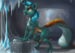Size: 2800x2000 | Tagged: safe, artist:eqlipse, oc, oc only, oc:poison trail, species:pony, cave, crossover, female, hybrid, ice, implied transformation, implied transgender transformation, mare, monster hunter, original species, painterly, rule 63, tobi-kadachi
