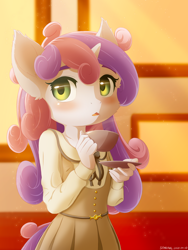 Size: 1200x1600 | Tagged: safe, artist:symbianl, character:sweetie belle, species:anthro, species:pony, species:unicorn, g4, license:cc-by-nc-nd, afternoon, blushing, cheek fluff, clothing, crossover, cup, cute, diasweetes, dress, ear fluff, female, filly, food, open mouth, solo, tea, teacup