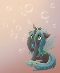 Size: 1600x1920 | Tagged: safe, artist:symbianl, character:queen chrysalis, species:changeling, license:cc-by-nc-nd, blowing bubbles, bubble, changeling queen, cute, cutealis, digital art, female, floppy ears, mundane utility, sitting, solo, stray strand, three quarter view