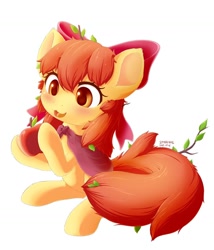 Size: 1280x1494 | Tagged: safe, artist:mochi2-arts, artist:symbianl, character:apple bloom, species:earth pony, species:pony, license:cc-by-nc-nd, adorabloom, apple, bow, cute, female, filly, food, hair bow, hair ribbon, messy mane, open mouth, simple background, solo, white background