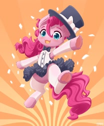 Size: 1600x1920 | Tagged: safe, artist:symbianl, character:pinkie pie, species:earth pony, species:pony, license:cc-by-nc-nd, blushing, cheek fluff, clothing, cute, diapinkes, ear fluff, female, frog (hoof), hat, leg fluff, mare, open mouth, solo, top hat, underhoof