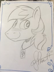 Size: 3024x4032 | Tagged: safe, artist:andypriceart, oc, oc only, oc:shade flash, species:pegasus, species:pony, dog tags, male, monochrome, sketch, solo, stallion, traditional art