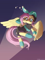 Size: 1600x2134 | Tagged: safe, artist:symbianl, character:fluttershy, species:pegasus, species:pony, g4, license:cc-by-nc-nd, bunny ears, clothing, costume, dangerous mission outfit, female, flutterspy, frog (hoof), goggles, hoodie, mare, solo, spy, torn clothes, underhoof