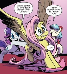 Size: 552x608 | Tagged: safe, artist:andypriceart, idw, official comic, character:coco pommel, character:fluttershy, character:rarity, species:earth pony, species:pegasus, species:pony, species:unicorn, butt touch, comic panel, cropped, dialogue, female, hoof on butt, imminent makeover, mare, out of context, pushing, rump push, speech bubble, spread wings, wings