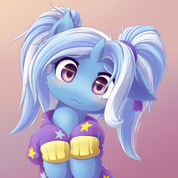Size: 1400x1400 | Tagged: safe, artist:symbianl, gameloft, character:trixie, species:pony, species:unicorn, license:cc-by-nc-nd, :3, alternate hairstyle, babysitter trixie, behaving like a cat, blushing, cheek fluff, cute, diatrixes, ear down, ear fluff, female, gameloft interpretation, hooves to the chest, leg fluff, looking at you, mare, pigtails, solo, symbianl is trying to murder us