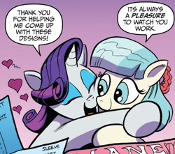 Size: 867x768 | Tagged: safe, artist:andypriceart, idw, official comic, character:coco pommel, character:rarity, species:earth pony, species:pony, species:unicorn, cocobetes, comic panel, cute, female, hug, mare, raribetes