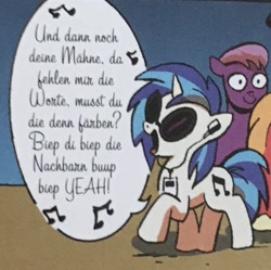 Size: 2048x2039 | Tagged: safe, artist:andypriceart, character:big mcintosh, character:dj pon-3, character:vinyl scratch, species:earth pony, species:pony, species:unicorn, background pony, die ärzte, earbuds, female, german, male, mare, music notes, singing, solo focus, song parody, song reference, stallion, the beatles, unnamed character, unnamed pony