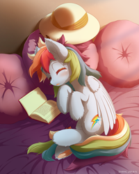 Size: 1600x2000 | Tagged: safe, artist:symbianl, character:rainbow dash, species:pegasus, species:pony, license:cc-by-nc-nd, book, clothing, cute, dashabetes, ear fluff, eyes closed, female, frog (hoof), hat, hoof fluff, leg fluff, mare, neck fluff, open mouth, pillow, pith helmet, sleeping, solo, underhoof