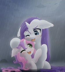 Size: 1600x1778 | Tagged: safe, artist:symbianl, character:rarity, character:sweetie belle, species:pony, species:unicorn, license:cc-by-nc-nd, blushing, cute, diasweetes, duo, ear fluff, female, filly, floppy ears, leg fluff, mare, neck fluff, one eye closed, open mouth, playing, rain, raribetes, siblings, sisters, water, weapons-grade cute, wet, wet mane, wet mane rarity