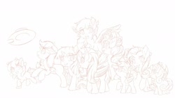 Size: 1600x900 | Tagged: safe, artist:symbianl, character:apple bloom, character:applejack, character:fluttershy, character:pinkie pie, character:rainbow dash, character:rarity, character:scootaloo, character:sweetie belle, character:twilight sparkle, species:earth pony, species:pegasus, species:pony, species:unicorn, license:cc-by-nc-nd, applejack's hat, clothing, cowboy hat, cutie mark crusaders, hat, mane six, monochrome, simple background, sketch, white background