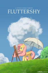 Size: 1280x1920 | Tagged: safe, artist:symbianl, character:fluttershy, species:pegasus, species:pony, license:cc-by-nc-nd, cloud, crossover, easel, female, folded wings, looking at something, mare, mouth hold, movie poster, outdoors, paintbrush, parody, poster parody, profile, solo, standing, studio ghibli, the wind rises, umbrella, windswept mane, wings
