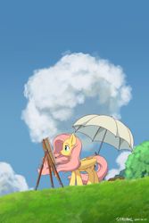 Size: 2560x3840 | Tagged: safe, artist:symbianl, edit, character:fluttershy, species:pegasus, species:pony, license:cc-by-nc-nd, cloud, crossover, easel, female, folded wings, looking at something, mare, mouth hold, movie poster, outdoors, paintbrush, parody, phone wallpaper, poster parody, profile, solo, standing, studio ghibli, the wind rises, umbrella, upscaled, wallpaper, wallpaper edit, windswept mane, wings