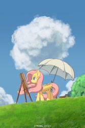 Size: 1024x1536 | Tagged: safe, alternate version, artist:symbianl, character:fluttershy, species:pegasus, species:pony, license:cc-by-nc-nd, cloud, crossover, easel, female, folded wings, looking at something, mare, mouth hold, movie poster, outdoors, paintbrush, parody, poster parody, profile, solo, standing, studio ghibli, the wind rises, umbrella, windswept mane, wings