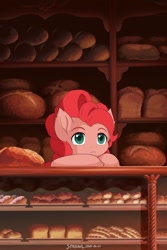 Size: 1280x1920 | Tagged: safe, alternate version, artist:symbianl, character:pinkie pie, species:earth pony, species:pony, license:cc-by-nc-nd, :<, bread, female, food, frown, kiki's delivery service, mare, parody, pastry, solo