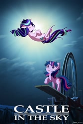 Size: 1280x1920 | Tagged: safe, artist:symbianl, character:starlight glimmer, character:twilight sparkle, character:twilight sparkle (unicorn), species:pony, species:unicorn, license:cc-by-nc-nd, castle in the sky, crossover, duo, female, jewelry, levitation, magic, mare, necklace, parody, studio ghibli, telekinesis