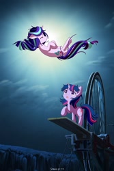 Size: 1280x1920 | Tagged: safe, alternate version, artist:symbianl, character:starlight glimmer, character:twilight sparkle, character:twilight sparkle (unicorn), species:pony, species:unicorn, license:cc-by-nc-nd, castle in the sky, crossover, duo, female, jewelry, levitation, magic, mare, necklace, parody, studio ghibli, telekinesis