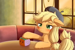 Size: 1920x1280 | Tagged: safe, artist:symbianl, character:applejack, species:earth pony, species:pony, episode:how applejack got her hat back, g4.5, my little pony:pony life, license:cc-by-nc-nd, beret, blushing, cheek fluff, chest fluff, clothing, colored eyebrows, colored pupils, cute, ear fluff, eyebrows, female, floppy ears, fluffy, g4.5 to g4, hat, jackabetes, leg fluff, mare, sad, scene interpretation, signature, sitting, solo, squishy cube