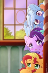 Size: 1280x1920 | Tagged: safe, artist:symbianl, character:starlight glimmer, character:sunset shimmer, character:trixie, species:pony, species:unicorn, license:cc-by-nc-nd, adorable face, blushing, counterparts, cute, diatrixes, equestria girls ponified, evening, female, filly, glimmerbetes, indoors, magical trio, scooby stack, shimmerbetes, signature, sky, spy, the anti twilight sparkle trio brigade, tree, twilight's counterparts, underhoof, window, younger