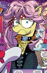 Size: 1376x2155 | Tagged: safe, artist:andypriceart, idw, official comic, character:coco pommel, character:fluttershy, character:rarity, species:earth pony, species:pegasus, species:pony, aerosmith, comic panel, cropped, fluttershy is not amused, steven tyler, unamused