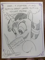 Size: 1536x2048 | Tagged: safe, artist:andypriceart, character:twilight sparkle, species:pony, species:unicorn, book, female, mare, pencil drawing, quarantine, reading, solo, traditional art