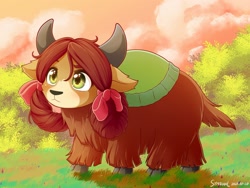 Size: 1920x1440 | Tagged: safe, artist:symbianl, character:yona, species:yak, g4, license:cc-by-nc-nd, bow, cloud, cloven hooves, cute, female, grass, hair bow, monkey swings, scenery, solo, weapons-grade cute, yonadorable