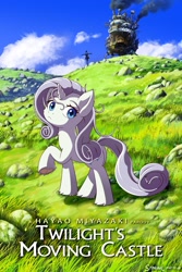 Size: 1280x1920 | Tagged: safe, artist:symbianl, character:rarity, species:pony, species:unicorn, license:cc-by-nc-nd, alternate hair color, anime, cover art, cursed, grey hair, hayao miyazaki, howl's moving castle, messy mane, parody, scarecrow, solo, studio ghibli