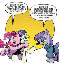 Size: 326x355 | Tagged: safe, artist:andypriceart, idw, character:bon bon, character:maud pie, character:pinkie pie, character:sweetie drops, species:earth pony, species:pony, g4, spoiler:comic (season 10), spoiler:comic 89, bon bon is not amused, female, hug, implied lesbian, implied lyrabon, implied shipping, jewelry, mare, ring, season 10, unamused, wedding ring