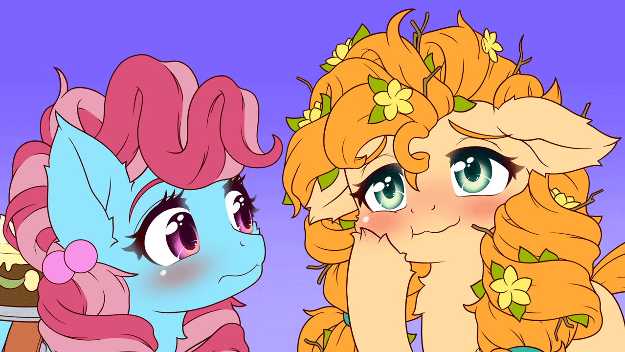 Size: 1278x720 | Tagged: safe, artist:symbianl, character:cup cake, character:pear butter, species:earth pony, species:pony, episode:the perfect pear, g4, my little pony: friendship is magic, license:cc-by-nc-nd, animated, blushing, chiffon swirl, cute, cute cake, duo, eye shimmer, female, flower, flower in hair, gif, mare, pearabetes, purple background, scene interpretation, simple background