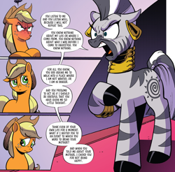 Size: 994x980 | Tagged: safe, artist:andypriceart, idw, character:applejack, character:zecora, species:earth pony, species:pony, species:zebra, g4, spoiler:comic (season 10), spoiler:comic 89, angry, female, implied pear butter, mare, not rhyming, ooc is serious business, out of character, season 10, shit just got real, social justice, when she doesn't rhyme