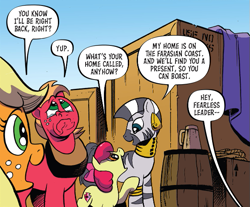 Size: 587x487 | Tagged: safe, artist:andypriceart, idw, character:apple bloom, character:applejack, character:big mcintosh, character:zecora, species:earth pony, species:pony, species:zebra, g4, spoiler:comic (season 10), spoiler:comic 89, barrel, crate, crying, female, filly, male, mare, offscreen character, rope, season 10, stallion, teary eyes