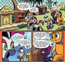 Size: 1919x1849 | Tagged: safe, artist:andypriceart, idw, character:applejack, character:marini, character:rockhoof, character:tempest shadow, character:zecora, species:earth pony, species:pony, species:unicorn, species:zebra, g4, spoiler:comic (season 10), spoiler:comic 89, applejack's hat, armor, casablanca, chair, clothing, cowboy hat, female, hat, male, mare, season 10, stallion, table, umbrella
