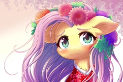 Size: 1280x854 | Tagged: safe, artist:symbianl, character:fluttershy, species:pegasus, species:pony, g4, license:cc-by-nc-nd, blushing, chest fluff, clothing, cute, flower, flower in hair, hime cut, leaves in hair, shyabetes, solo, weapons-grade cute