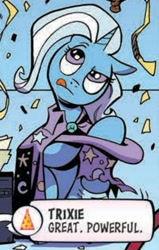 Size: 479x755 | Tagged: safe, artist:andypriceart, idw, official comic, character:trixie, species:pony, species:unicorn, g4, spoiler:comic (season 10), spoiler:comic 89, cape, clothing, comic, hat, tongue out, trixie's cape, trixie's hat