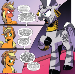Size: 994x980 | Tagged: safe, artist:andypriceart, edit, editor:wild stallions, idw, character:applejack, character:zecora, species:earth pony, species:pony, species:zebra, g4, spoiler:comic (season 10), spoiler:comic 89, angry, corrected, female, implied pear butter, mare, ooc is serious business, rhyming, season 10, shit just got real, text edit, when she doesn't rhyme